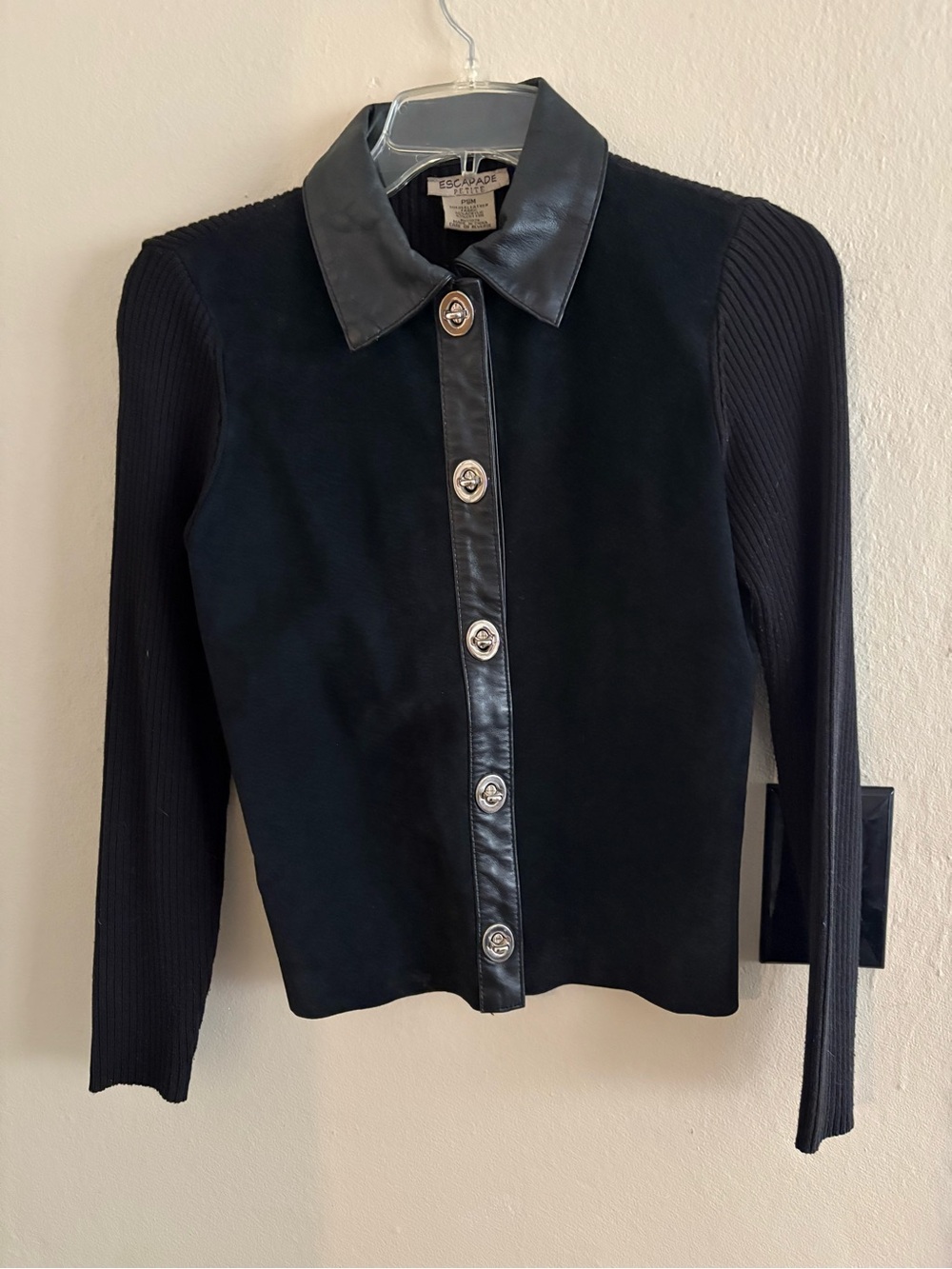 Escada Black Leather-Trim Button Jacket